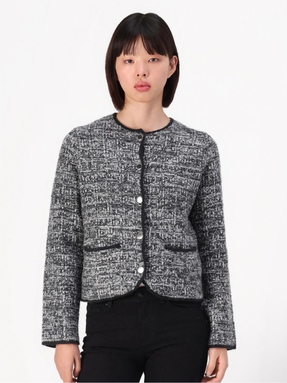 Abercrombie & Fitch Black and Gray Tweed Round-Neck Blazer